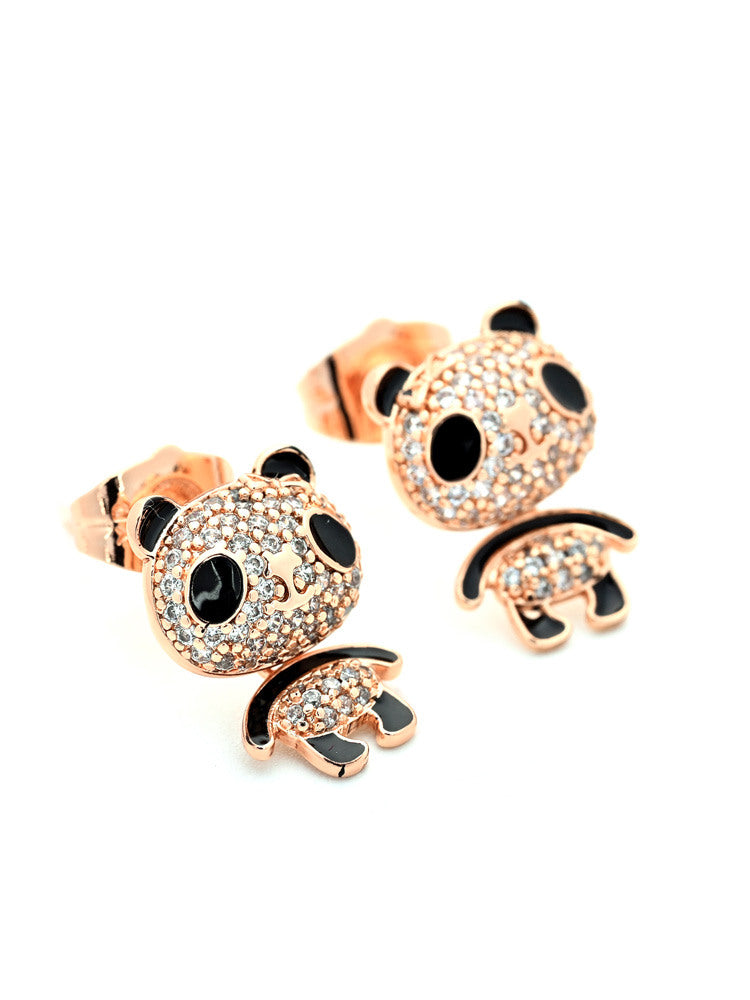 Rose Gold Panda Stud Earrings with Zircon Accents