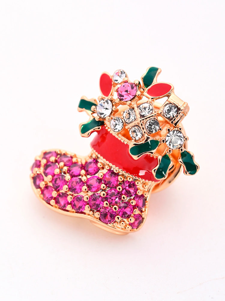 Rose Gold Christmas Boot Brooch with Pink Crystal and Green Bow