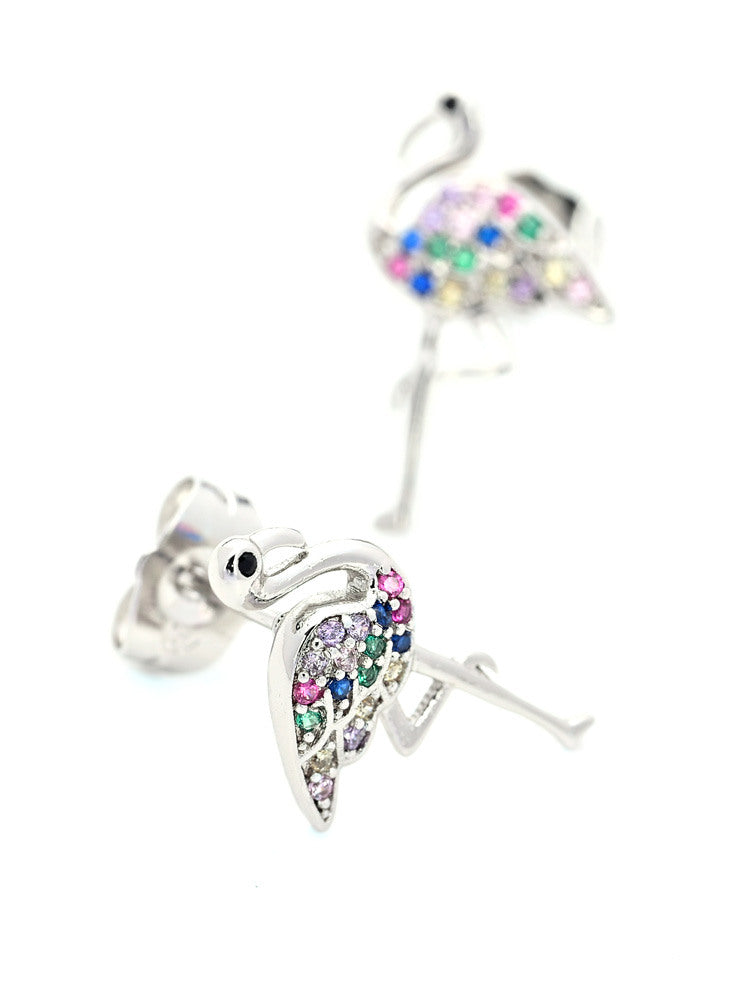 Silver Flamingo Stud Earrings with Multicolor Crystal Accents