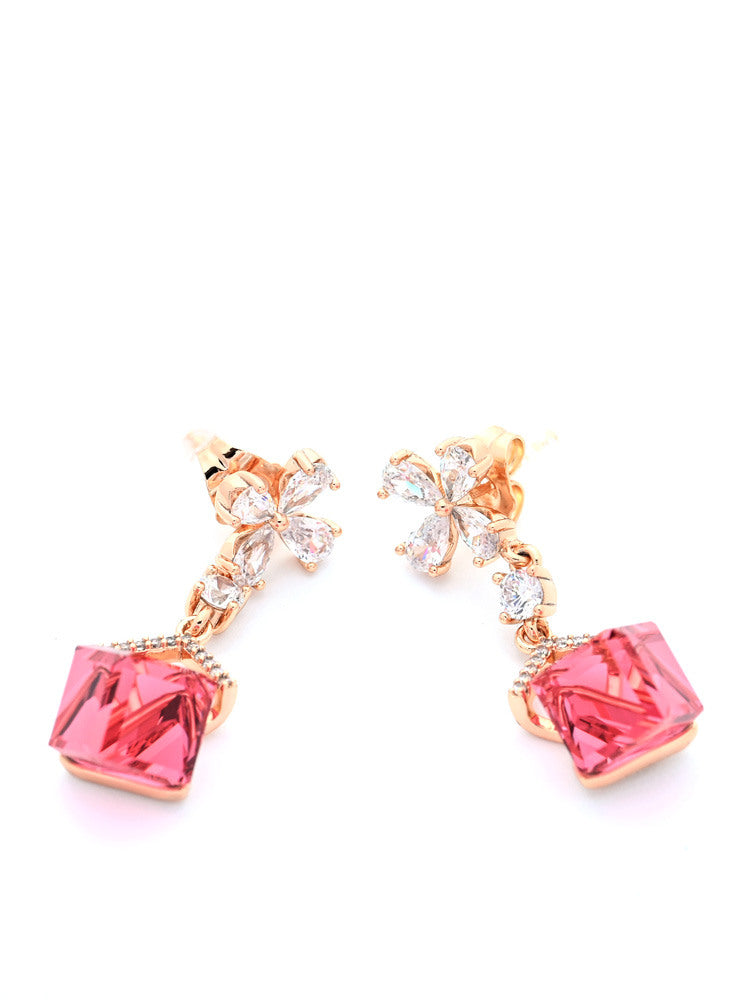 Rose Gold Drop Earrings with Square Pink Crystal and Clear Flower Accents