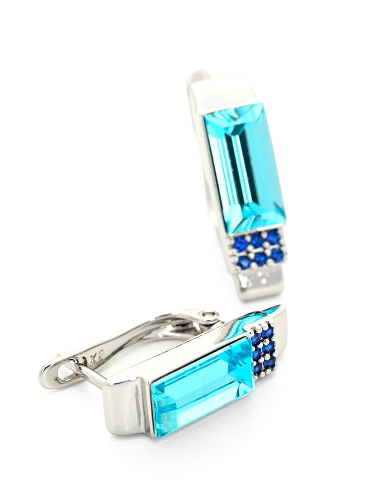 Silver Clip-On Earrings with Aqua Blue Rectangular Crystal and Sapphire-Blue Accents