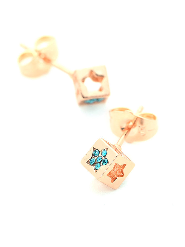 Rose Gold Stud Earrings with Sky Blue Crystal Cube and Hollow Star Detailing