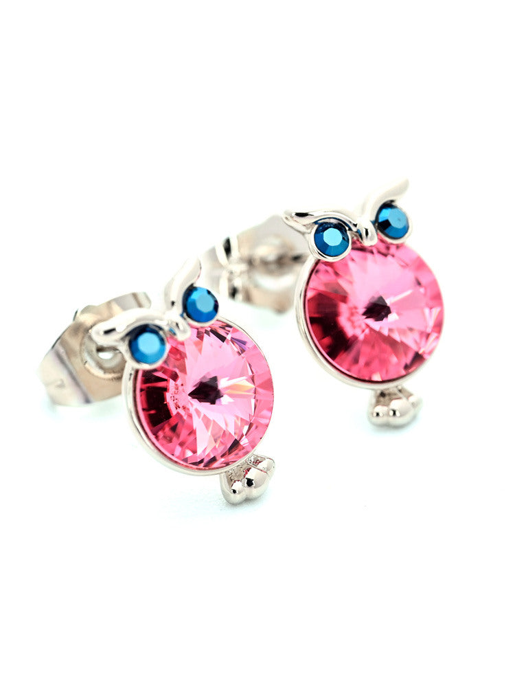 Silver Owl Stud Earrings with Pink Body and Blue Eye Crystal Accents