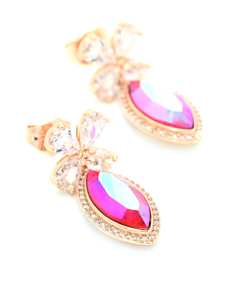 Rose Gold Drop Earrings with Marquise-Shaped Purple-Pink Crystal and Clear Flower Accents
