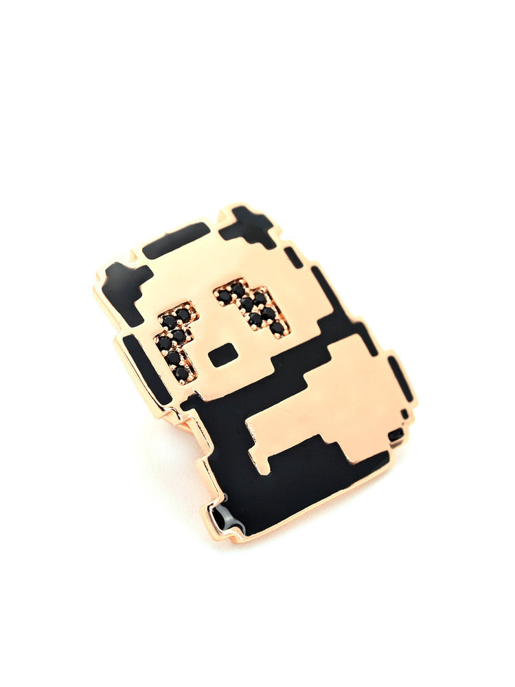 Rose Gold Pixel Art Panda Stud Earrings with Black Crystal Accents