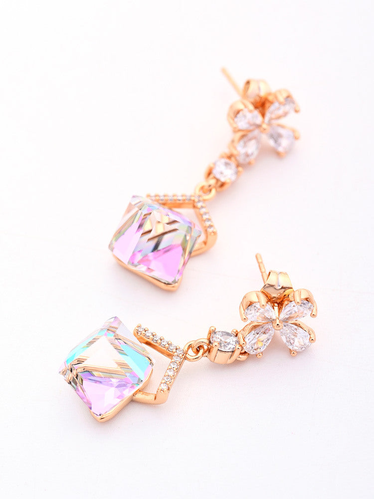 Rose Gold Drop Earrings with Square Iridescent Crystal and Clear Flower Accents
