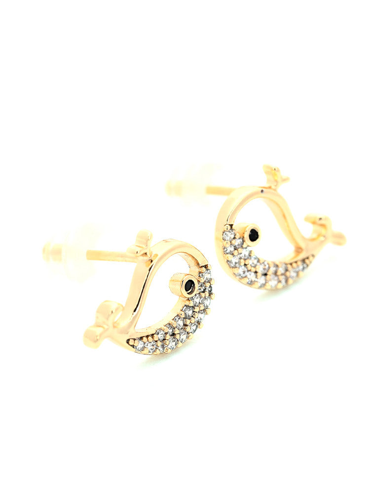 Gold Hollow Out Whale Stud Earrings with Zircon Accents