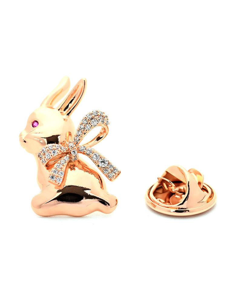 Rose Gold Bunny Brooch with Crystal Bow and Purple Eye Accent