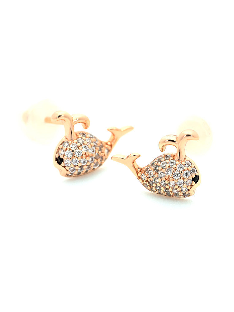 Rose Gold Pave Whale Stud Earrings with Sparkling Zircon Accents