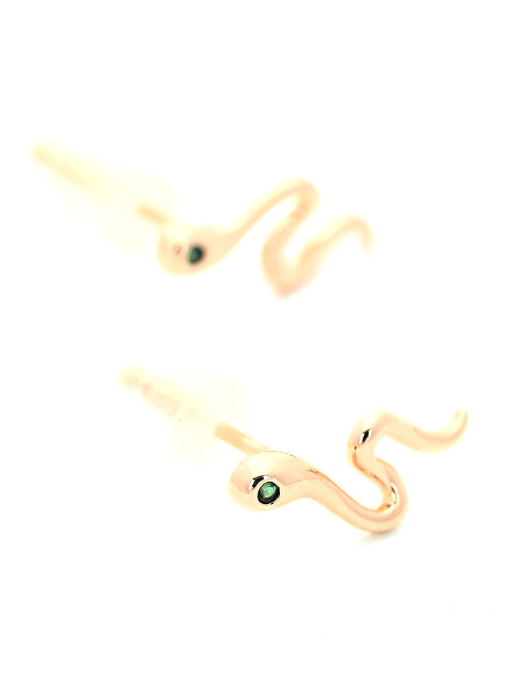 Rose Gold Snake Stud Earrings with Emerald Stone Eyes