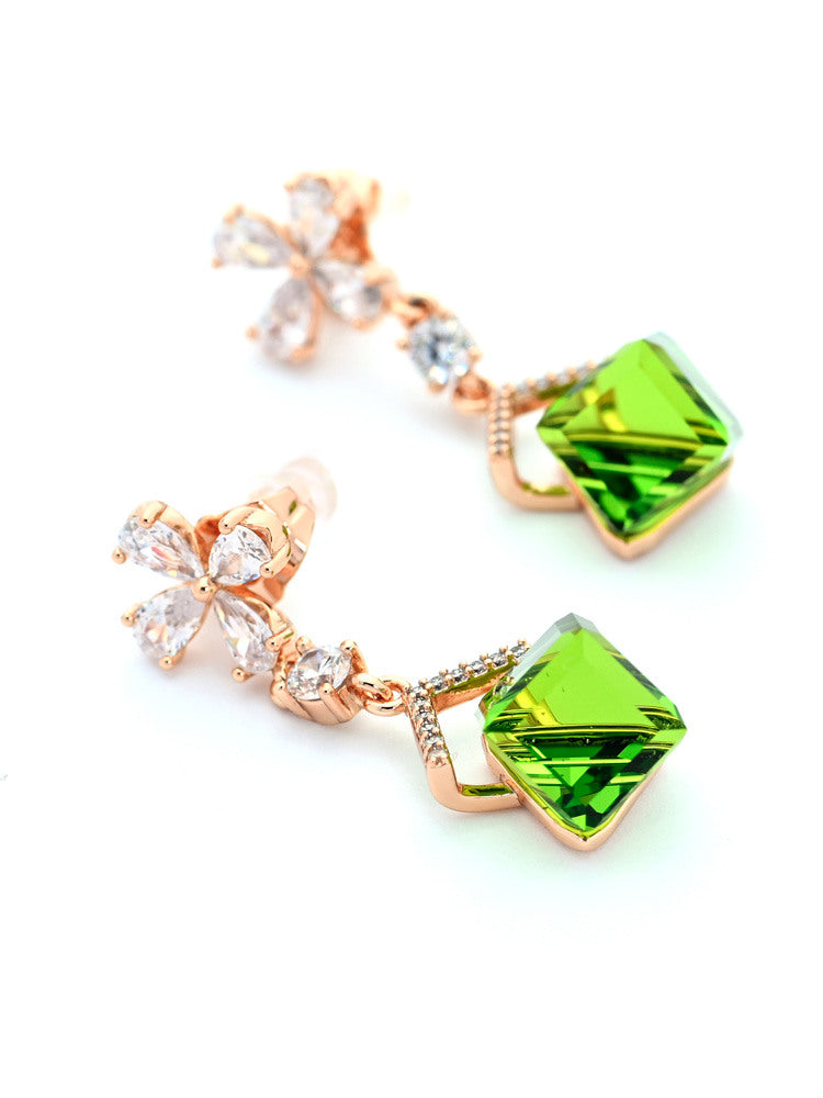 Rose Gold Drop Earrings with Square Green Crystal and Clear Flower Accents