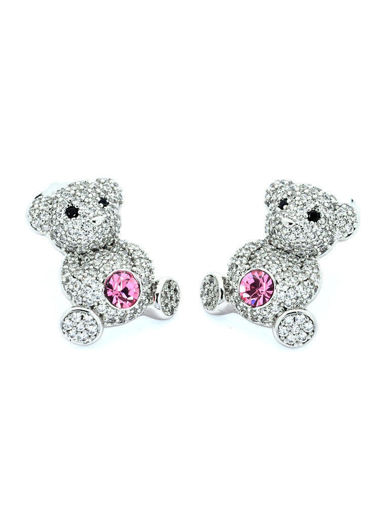 Silver Stud Earrings with Teddy Bear Design, Purple-Pink Crystal Accent, and Pavé Detailing