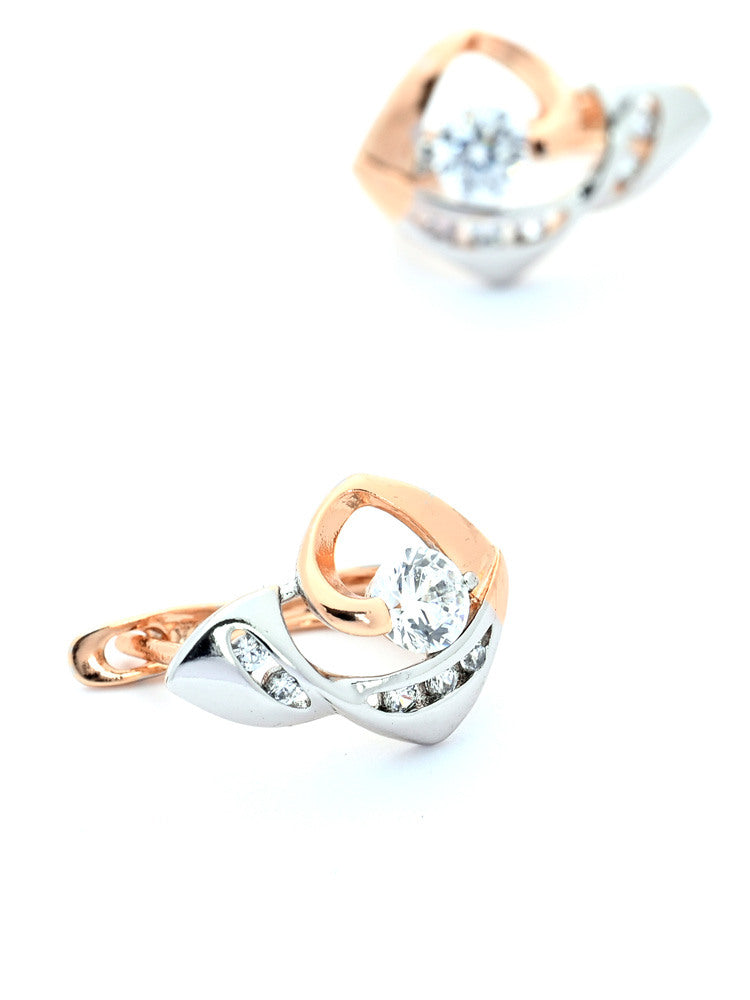 Rose Gold and Silver-Toned Twisted Vortex Huggie Earrings with Sparkling Crystal Accents
