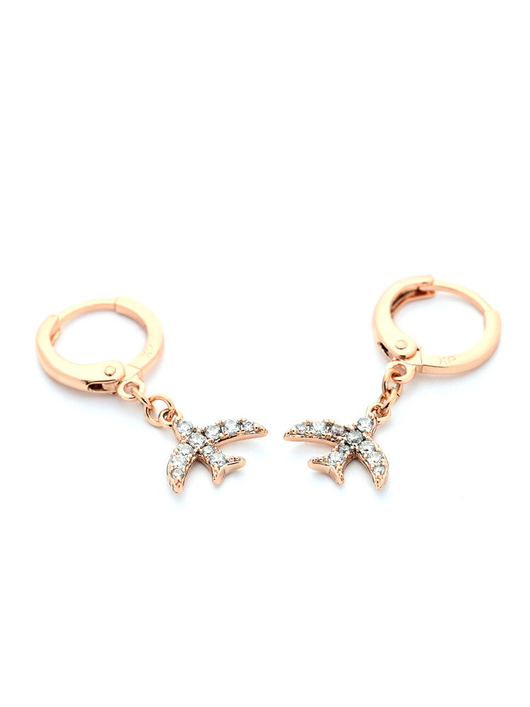 Rose Gold Huggie Hoop Earrings with Crystal-Encrusted Bird Charms