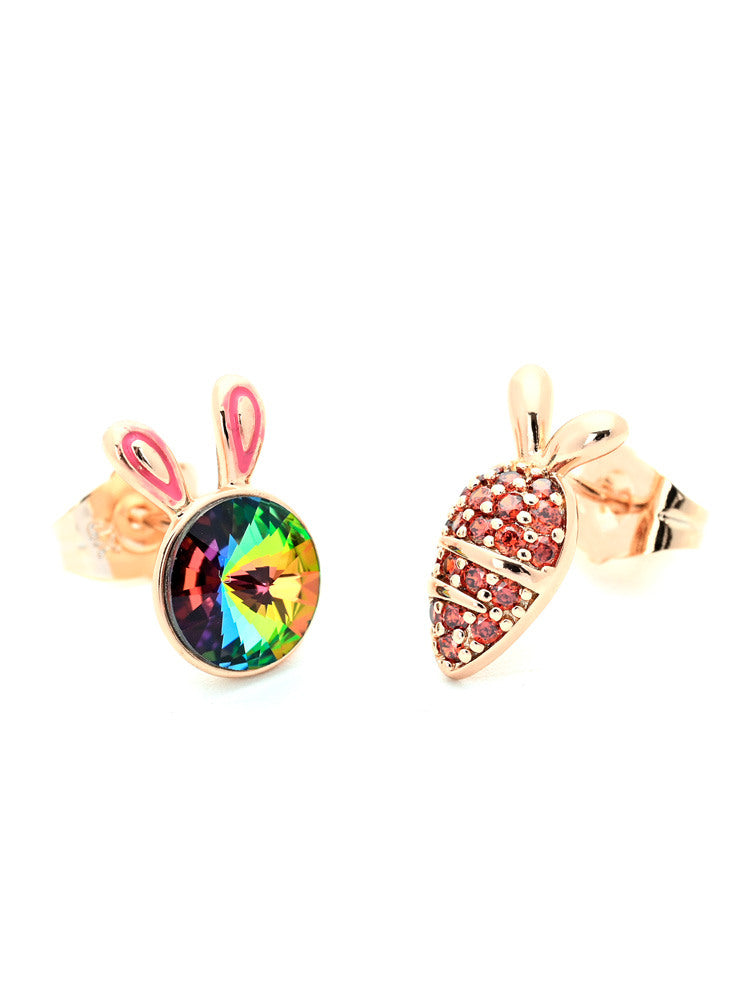 Rose Gold Bunny and Carrot Mismatched Stud Earrings with Cool-Toned Variable Colour Crystal Accents