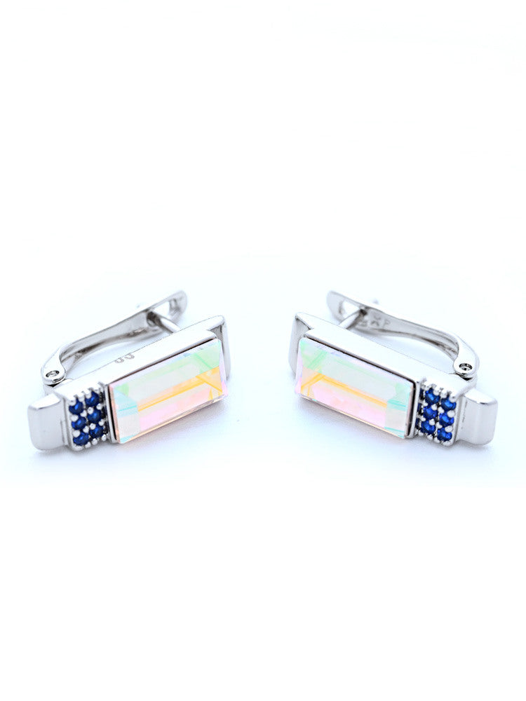 Silver Clip-On Earrings with Iridescent Rectangular Crystal and Sapphire-Blue Accents