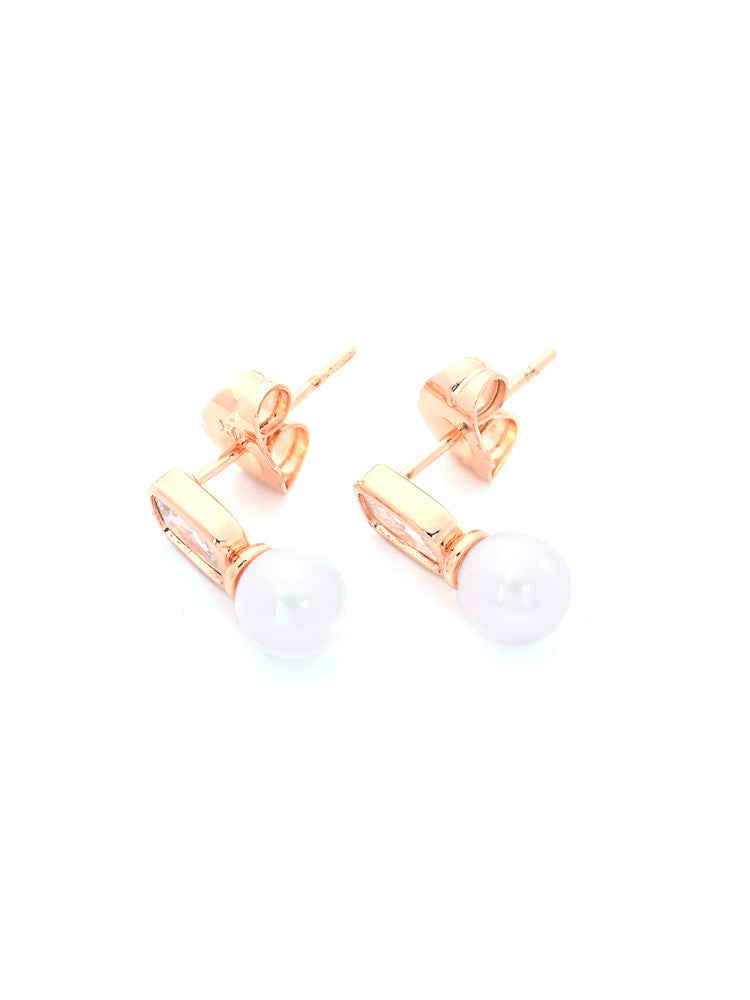 Rose Gold Stud Earrings with Pearl and Rectangular Crystal Accents