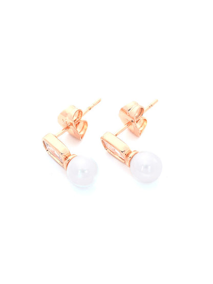 Rose Gold Stud Earrings with Pearl and Rectangular Crystal Accents