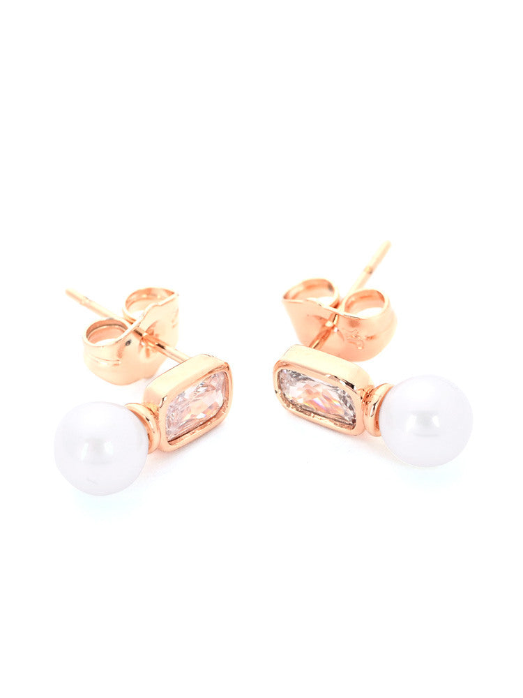 Rose Gold Stud Earrings with Pearl and Rectangular Crystal Accents
