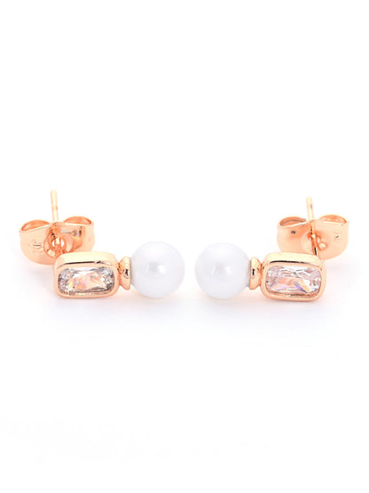 Rose Gold Stud Earrings with Pearl and Rectangular Crystal Accents