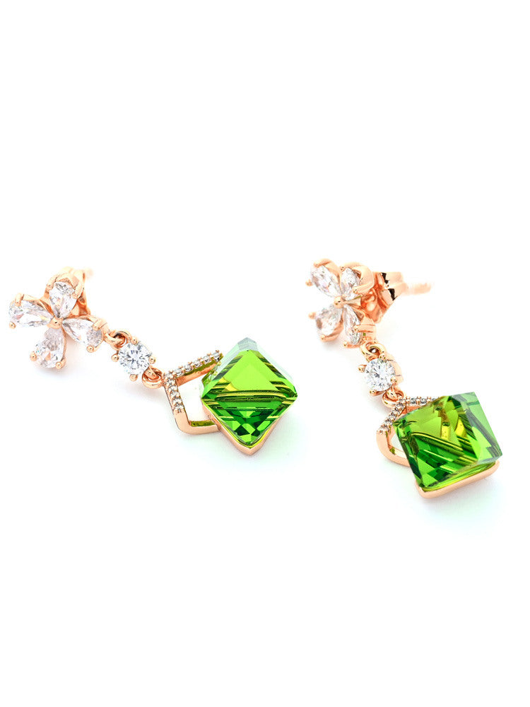 Rose Gold Drop Earrings with Square Green Crystal and Clear Flower Accents