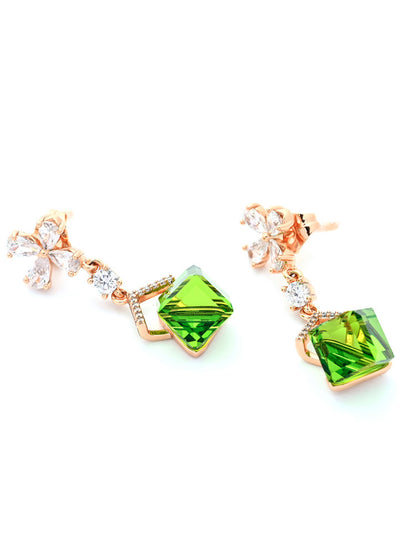 Rose Gold Drop Earrings with Square Green Crystal and Clear Flower Accents