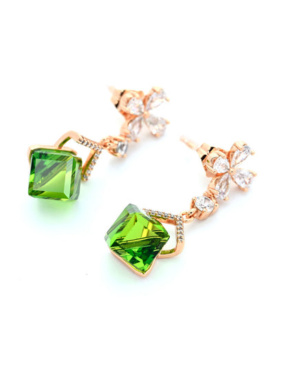 Rose Gold Drop Earrings with Square Green Crystal and Clear Flower Accents