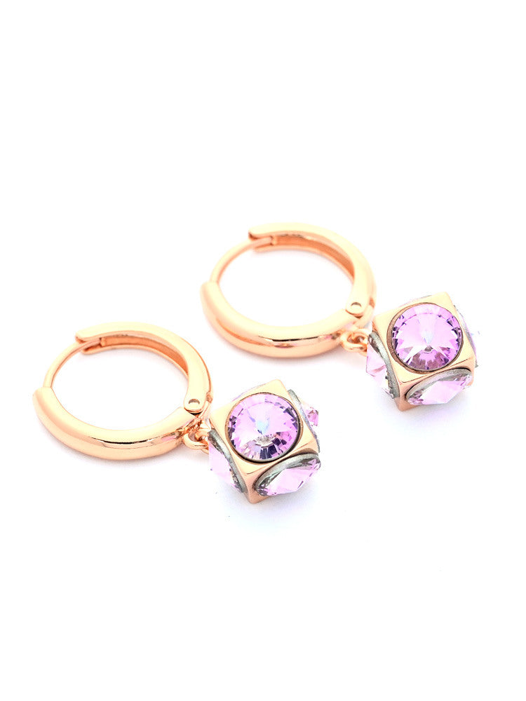 Rose Gold Hoop Earrings with Pink Crystal Cube Charm