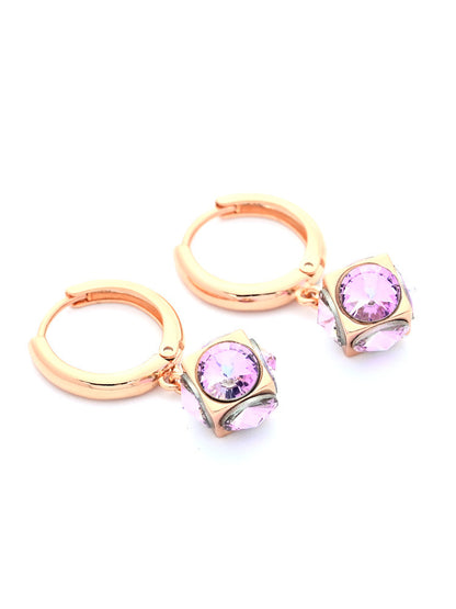 Rose Gold Hoop Earrings with Pink Crystal Cube Charm