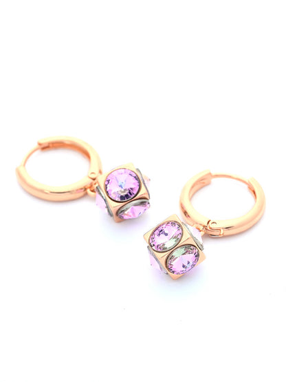 Rose Gold Hoop Earrings with Pink Crystal Cube Charm