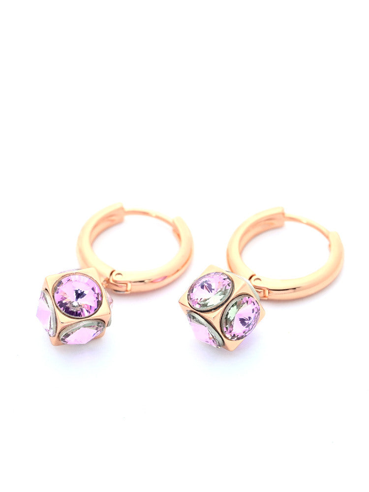 Rose Gold Hoop Earrings with Pink Crystal Cube Charm